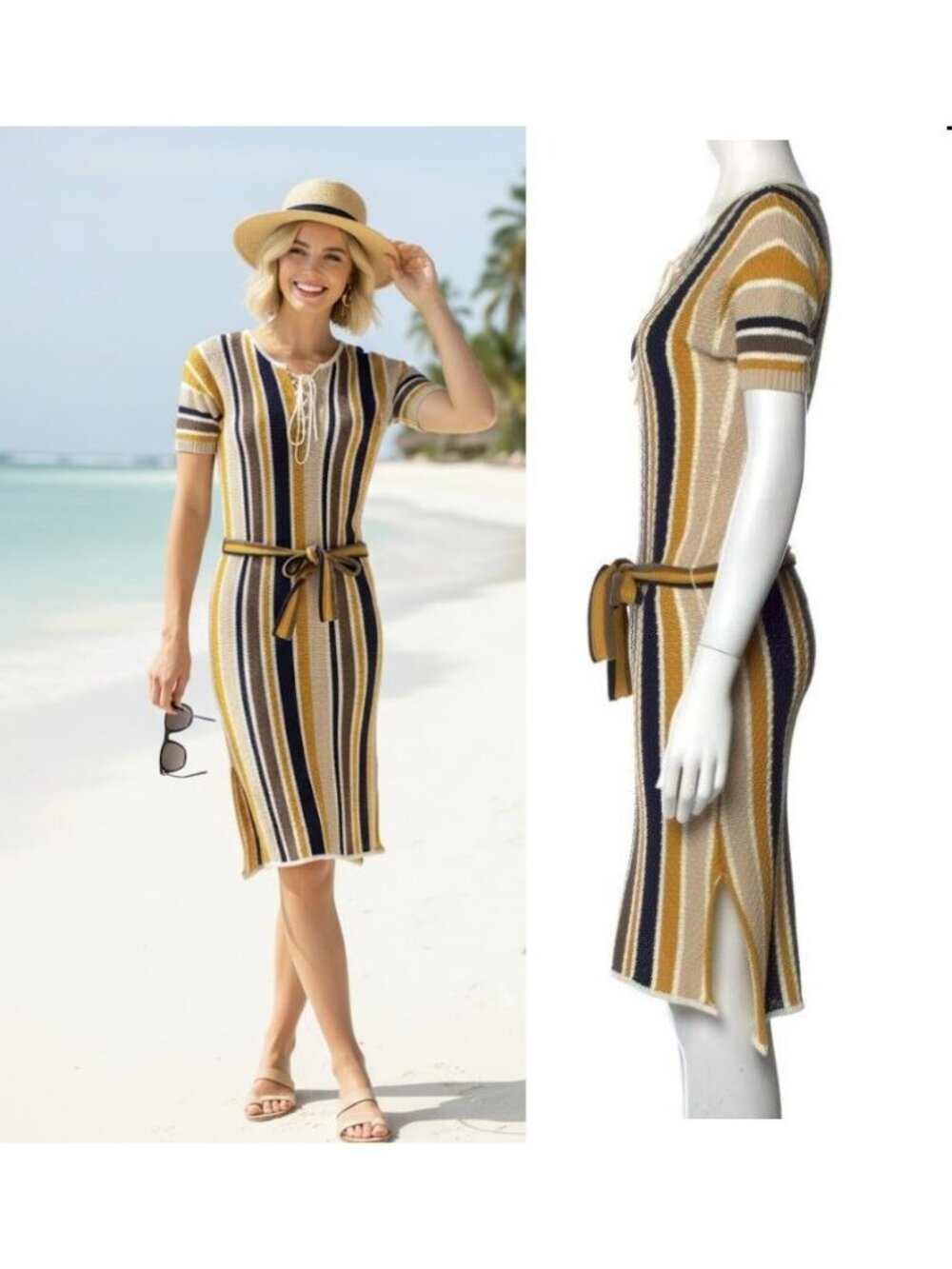FRAME Womens Small S Striped Crochet Knit Dress Lace Up Belted Short Sleeve Midi